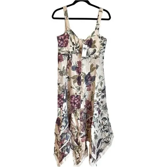 Lauren Ralph Lauren Floral Handkerchief-Hem Midi Dress Cream Multi Size 6 NWT